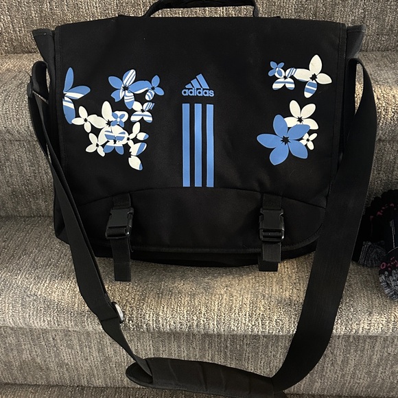 adidas Accessories - adidas Black Laptop Messenger Bag with Blue and White Floral Accents